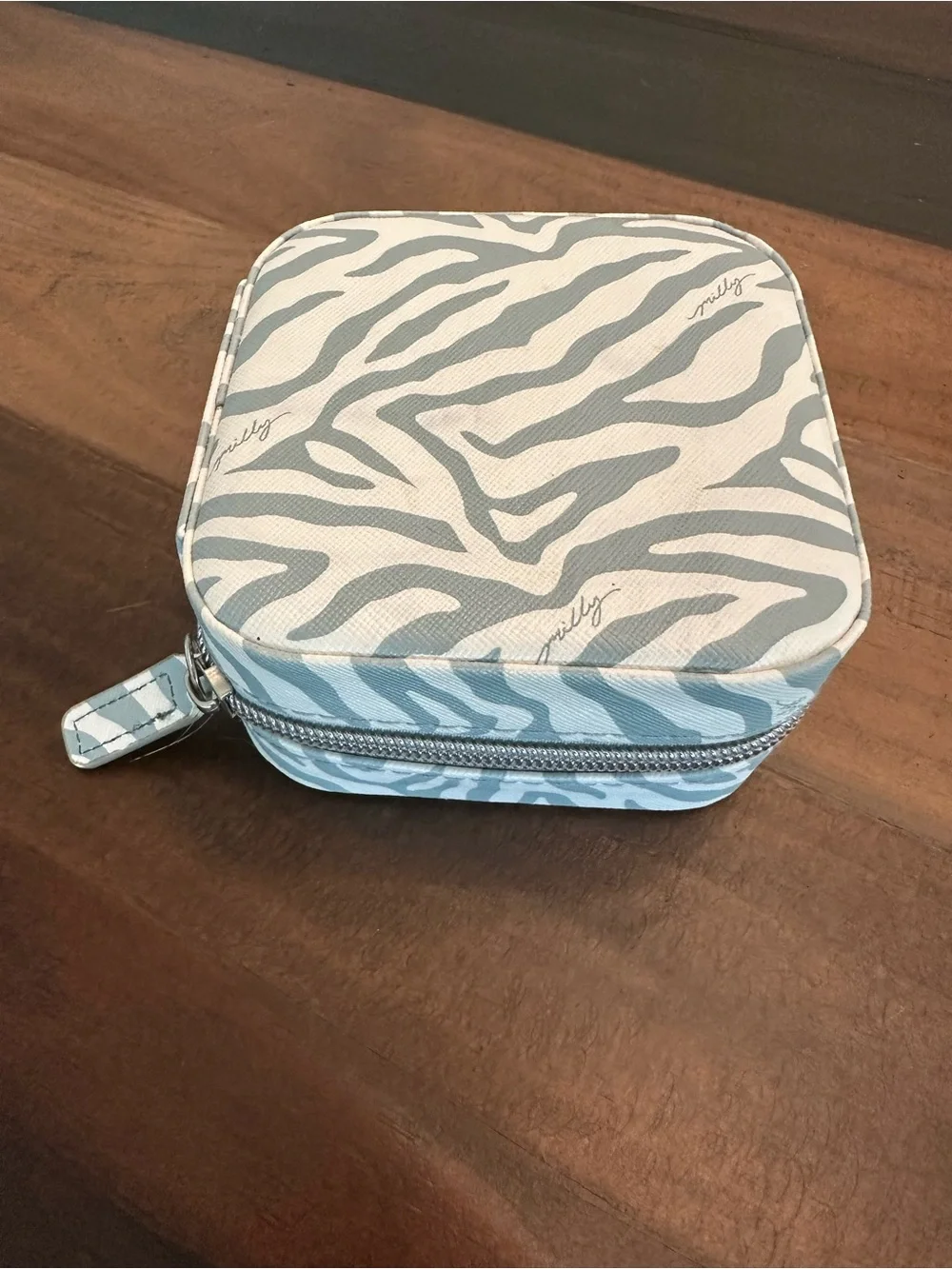 Milly Zebra-Print Jewelry Travel Case in White and Gray